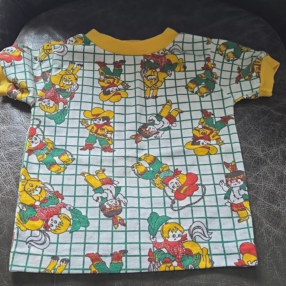 Vintage Health-Tex Cowboy Indian Green Grid shirt 3T Western 70s 80s Gold Trim